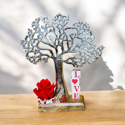 Arbol de la vida pequeño, en tono plateado ,con rosa preservada roja