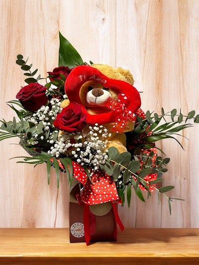 Ramo de 3 rosas con peluche en caja con agua