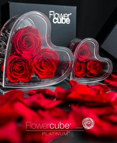CORAZÓN FLOWER CUBE PLATINIUM CON 3 ROSAS PRESERVADAS