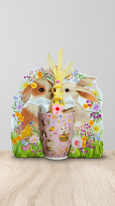        TAZAS DE CERÁMICA CONEJITOS DE PASCUA CON PALMA NATURAL