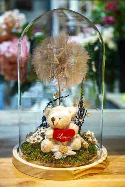 DIENTE DE LEÓN CON OSITO DE PELUCHE Y FLOR SECA EN CÚPULA DE CRISTAL