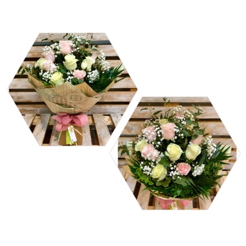 Ramo de 12 rosas blancas y rosa