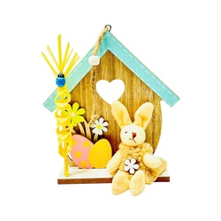     CASITA DE MADERA CON CONEJO DE PELUCHE Y PALMA NATURAL