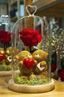 CÚPULA CON ROSA PRESERVADA Y PAREJA DE OSITOS ENAMORADOS